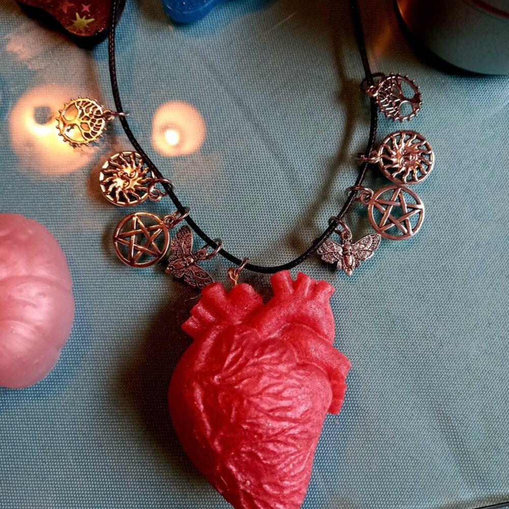 Handcrafted Gothic Anatomical Heart With Witchy Charms Pendant